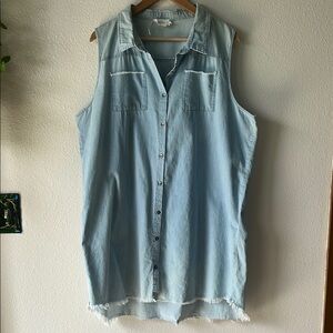 Ninexis Denim Button Down Raw Hem Sleeveless Long Hi-Lo Top Beach Plus Size 3X